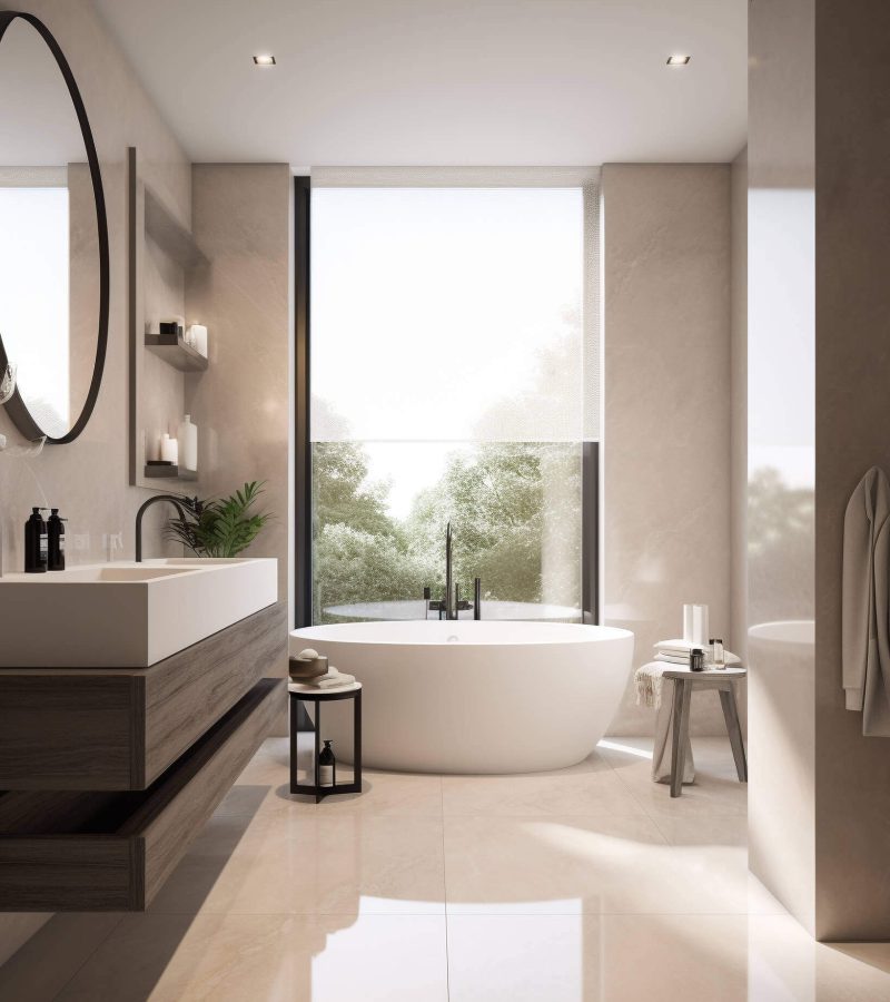 Modernes, lichtdurchflutetes Badezimmer mit freistehender Dusche